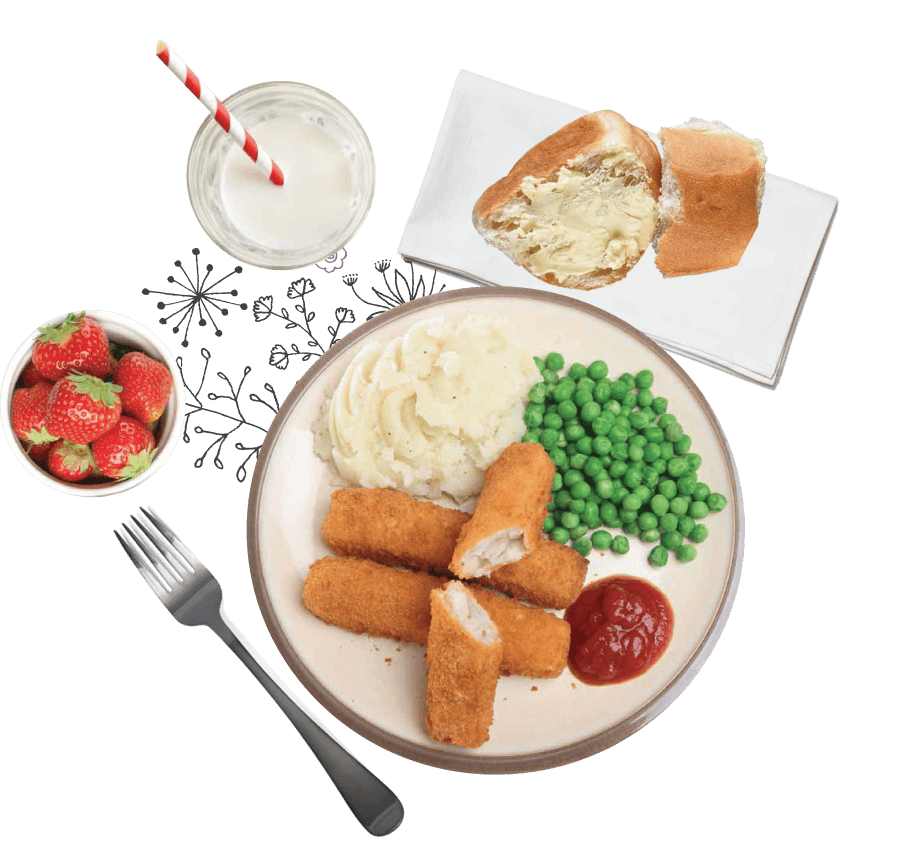 Fish sticks with peas, mashed potatoes, strawberries, and milk.