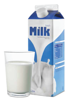 Glass of milk beside milk carton.