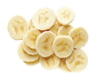 Banana slices stacked on white background.