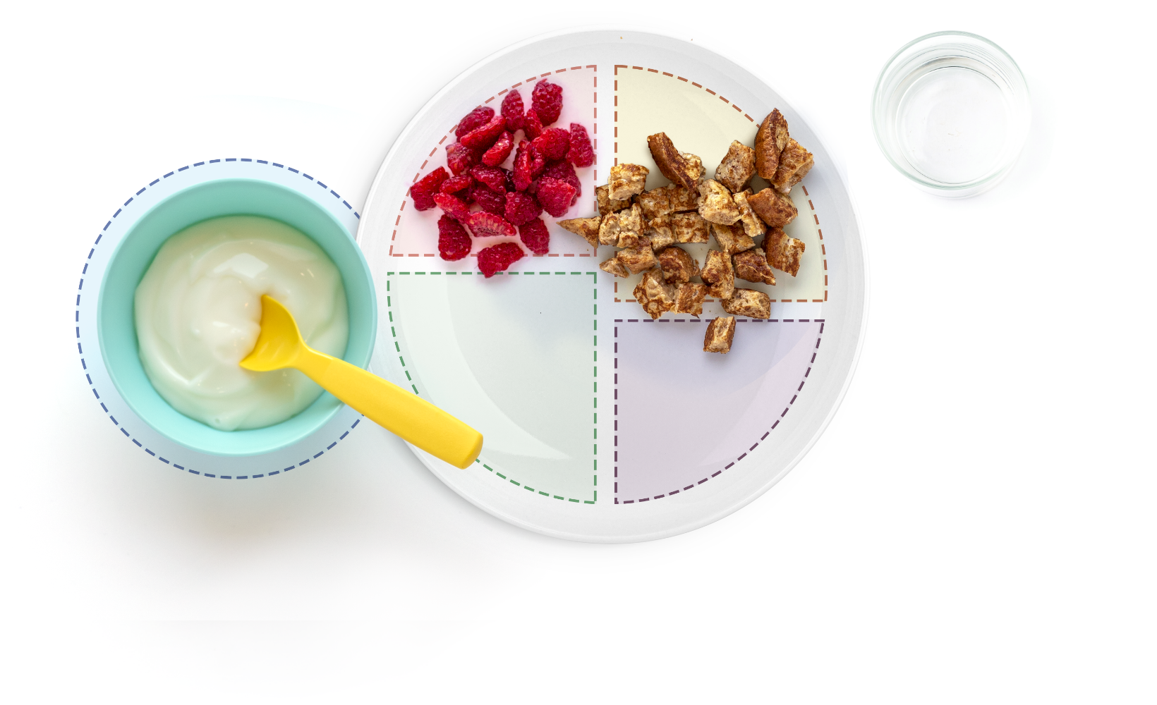 Divided plate with raspberries, croutons, yogurt, and water.