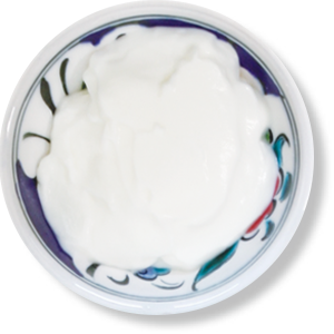 Bowl of creamy yogurt on decorative plate.