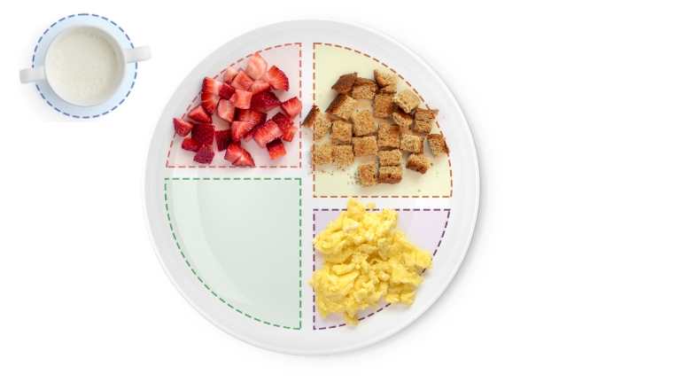 Divided plate with strawberries, bread, eggs, and milk.
