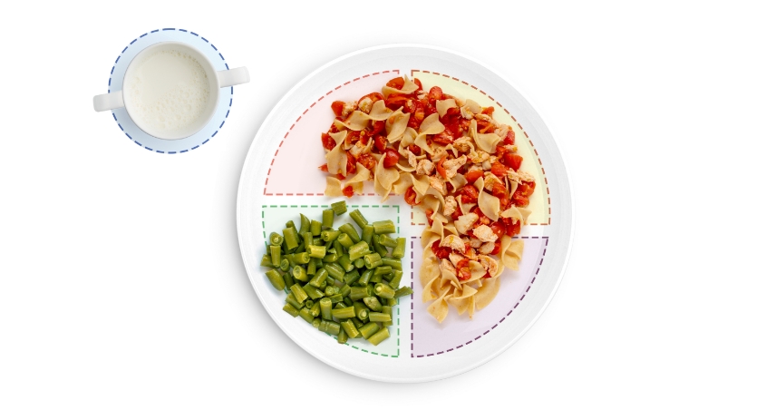 Divided plate with pasta, green beans, and milk.
