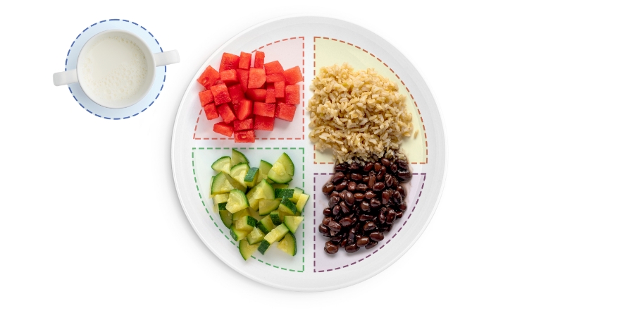 Divided plate with fruit, grains, vegetables, protein, and milk.
