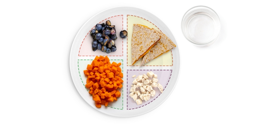 Divided plate with blueberries, carrots, quesadilla, chicken, and water.