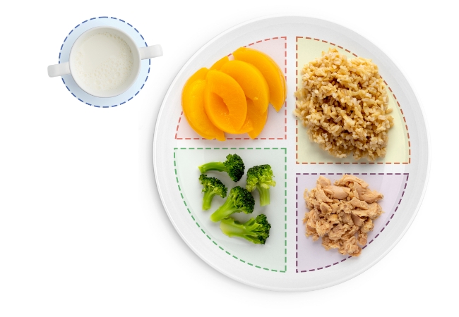 Divided plate with peaches, rice, broccoli, tuna, milk.