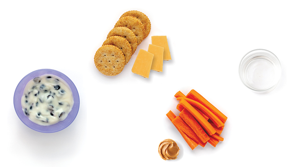 Yogurt, crackers, cheese, carrots, and water arranged neatly.