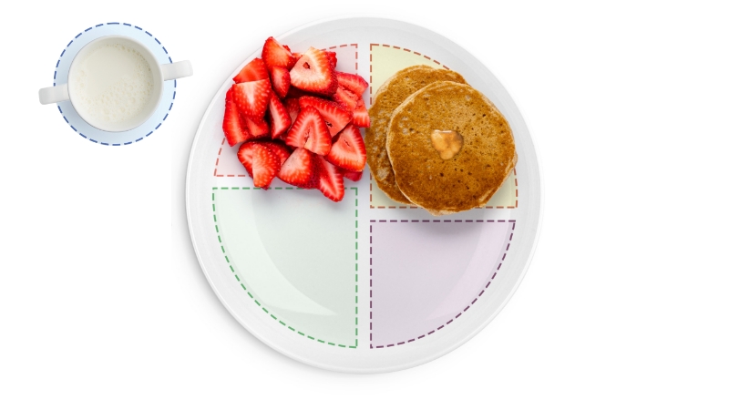 Pancakes with strawberries and milk on portioned plate.