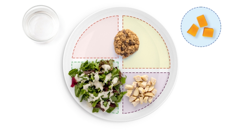 Divided plate with salad, chicken, cookie; water nearby.