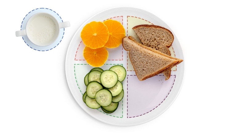 Balanced meal with milk, oranges, cucumbers, and bread.