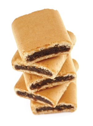 Stacked fig bars on white background.