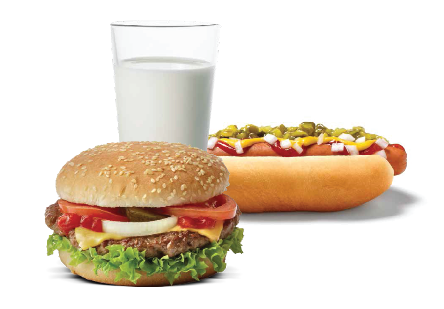 Burger, hot dog, and milk arranged together.