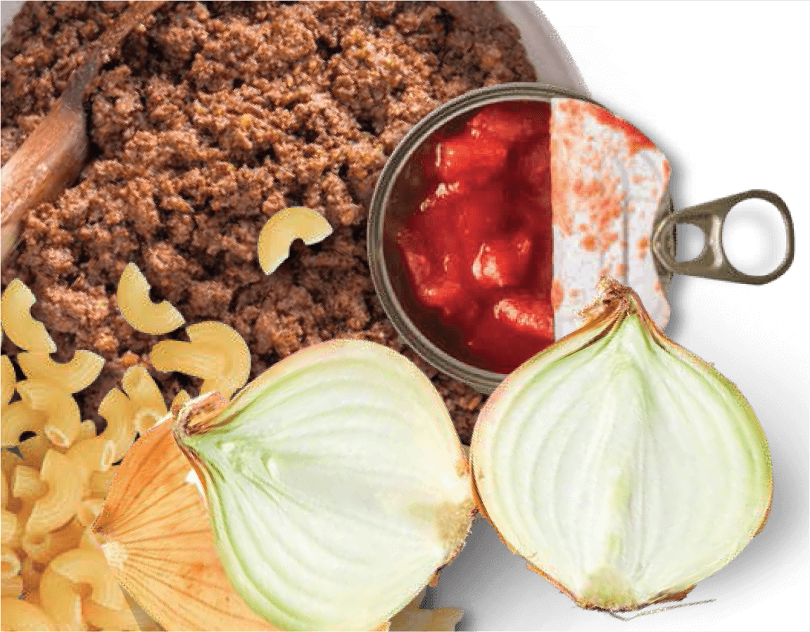 Ground beef, onion, macaroni, and tomatoes arranged together.