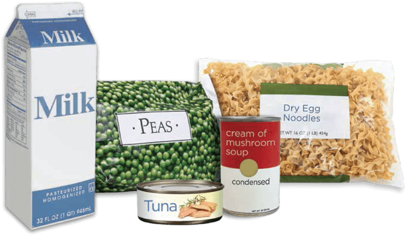 Assorted pantry items including milk, peas, and noodles.