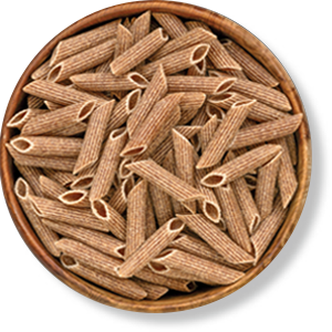 Whole wheat pasta in a wooden bowl.