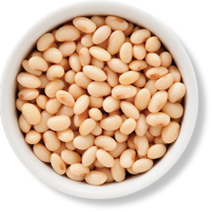 Bowl of white beans, viewed from above.