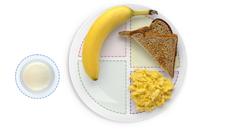 Breakfast plate with banana, toast, scrambled eggs.