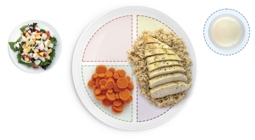 Balanced meal with chicken, rice, carrots, salad, milk.