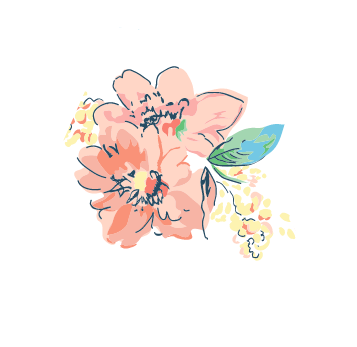 Pink flowers with green leaves, delicately illustrated.
