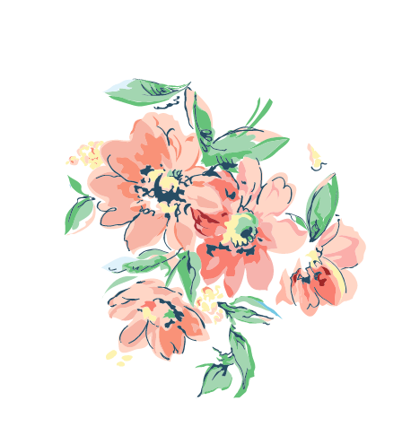 Pink flowers and green leaves in a cluster.