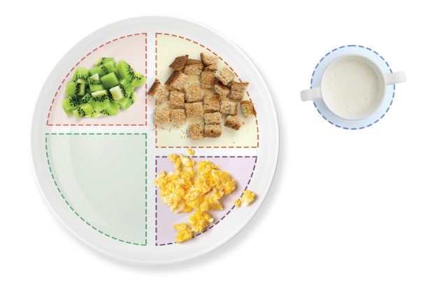 Plate with kiwi, toast, scrambled eggs; cup of milk.
