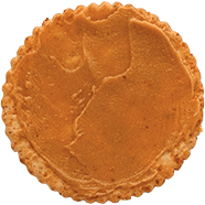 Peanut butter spread on round cracker.