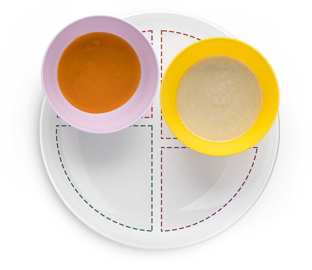 Two bowls of puree on a sectioned plate.