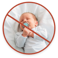 Baby with pacifier inside red prohibition circle.