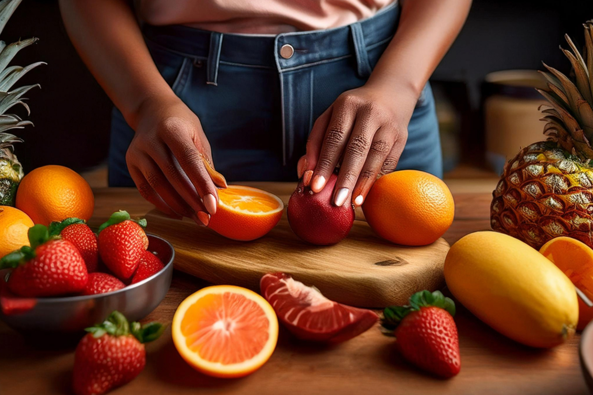 Hands preparing citrus fruit on wooden cutting board.