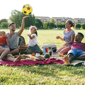 Family enjoying picnic, child tosses soccer ball.